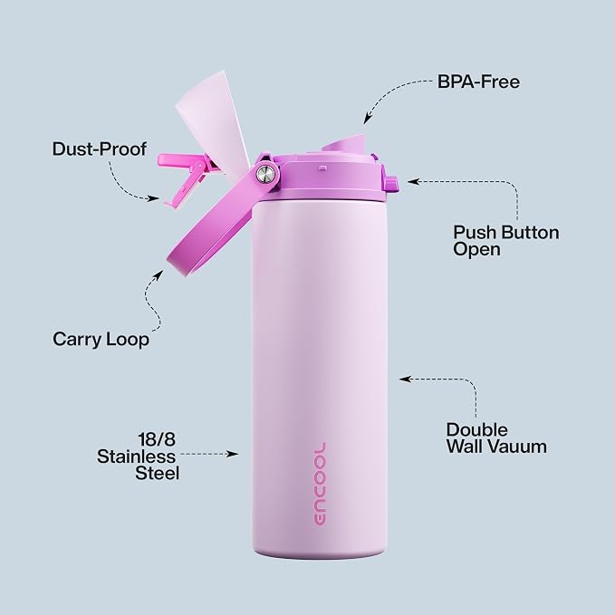 Insulated Water Bottle with Straw - Encool Stainless Steel Water Bottle with Push Button Lid, Leak-Proof & BPA-Free, Keeps Cold for 24 Hours for Sports, Travel, Gym (24 oz, Thistle-Fuchsia)