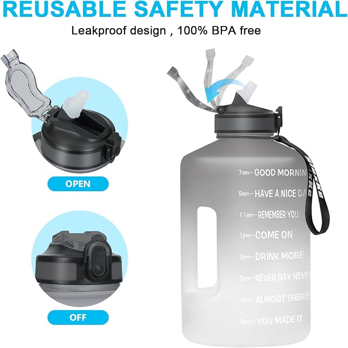 SLUXKE 1 Gallon Motivational Sports Water Bottle with Time Marker, BPA Free 128oz Leak Proof Jug, Black, Plastic, 128 ounces, Fitness, Sports, Outdoor Activities