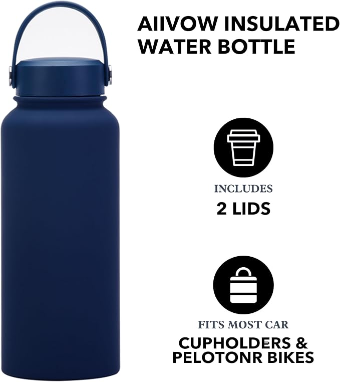 32 oz Insulated Metal Mens Water Bottle | Navy,Stainless Steel, 1 Liter, Leakproof, 2 Lids, Large Sports Water Bottle for Gym,Hiking