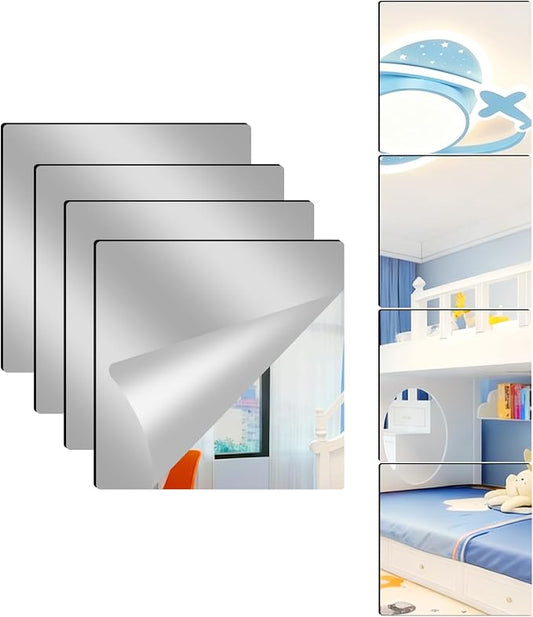 4 Pack Acrylic Mirrors for Wall,8 x 8 Inch Self Adhesive Frameless Small Mirror Tiles, Flexible Plastic Mirror Sheets for Bedroom Home Gym Door (8"X8"-4Pcs)