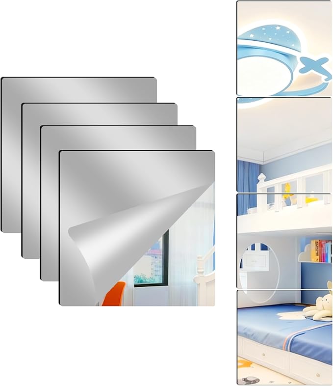 4 Pack Acrylic Mirrors for Wall,12 x 16Inch Self Adhesive Frameless Small Mirror Tiles, Flexible Plastic Mirror Sheets for Bedroom Home Gym Door (12"X16"-4Pcs)