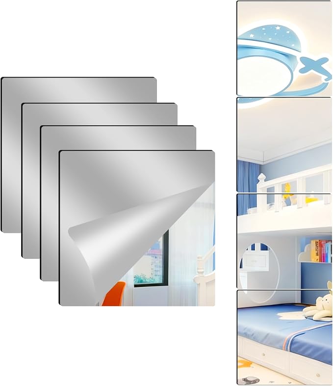 4 Pack Acrylic Mirrors for Wall,20 x 20 Inch Self Adhesive Frameless Small Mirror Tiles, Flexible Plastic Mirror Sheets for Bedroom Home Gym Door (20"X20"-4Pcs)