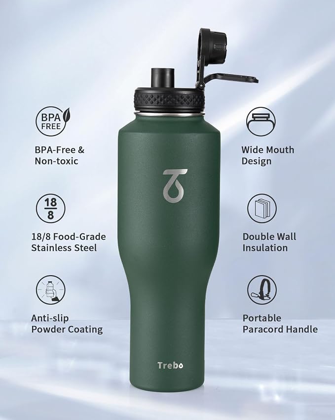 Trebo 40 oz Water Bottle Insulated Fit in Any Car Cup Holder with 2 Lids | Stainless Steel T-shape Tumbler with Paracord Handle, Triple Wall Vacuum Copper Plated, Cold 48 Hrs for Travel, Wide Mouth