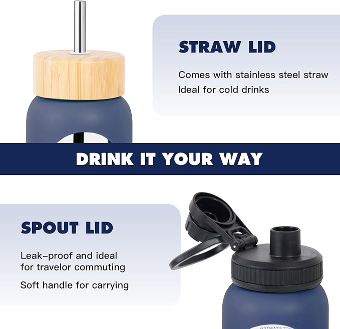 32oz Glass Water Bottle with Time Marker, 2 Lids-Handle Spout Lid & Bamboo Straw Lid, 1 Liter Motivational Borosilicate Water Bottle for Gym, Office, Travel (Blue)