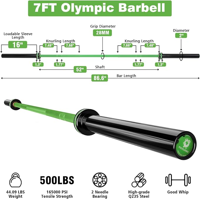 7ft Olympic Barbell 28mm 45lb – 500/700/1000LB Bar for Home Gym | Ceramic coated steel. Smooth spinning sleeves. Fits 2" plates. For snatch, clean and jerk, squats, deadlifts, bench press.