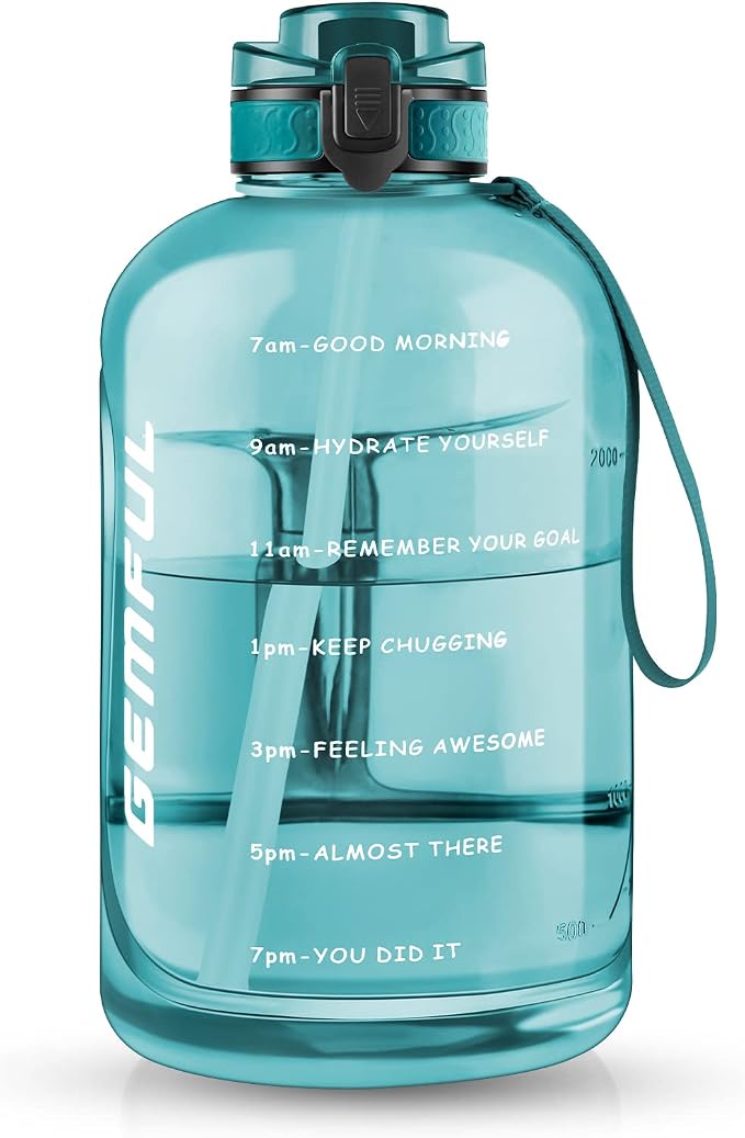GEMFUL 100oz Big Water Bottle with Straw 3000ml Large Sport Jug (Cyan) | BPA Free, Leak-proof, Time Marker, Wide Mouth for Easy to Clean, Sturdy Handle for Carry, for Gym, Home, Office, Outdoor
