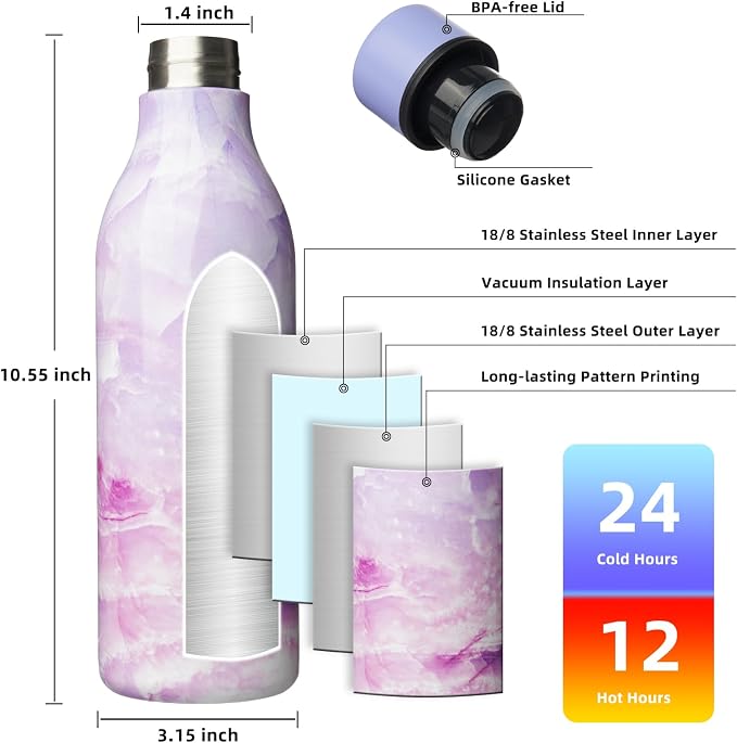 BJPKPK 25oz Insulated Water Bottle, Stainless Steel Bottle with Carry Strap | Keep Cold & Hot Vacuum Insulation, Leak-Proof BPA-Free Design, Slim Bottle Fits Most Cup Holders for Gym, Office & Travel