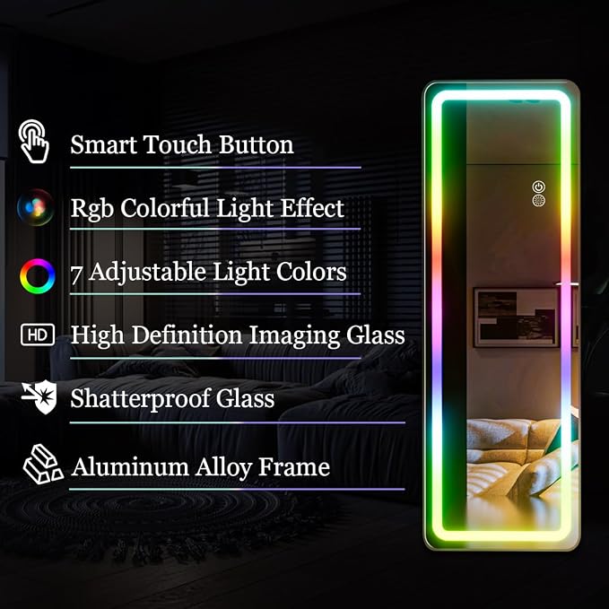 Koonmi LED Full Length Mirror, 63"x20" Full Length Lighted Mirror with Remote Control, RGB Color Changing Lights, 7 Dynamic Modes, Dimmable Brightness