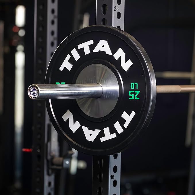 Titan Fitness Elite Competition Bumper Plate, Color-Coded Weight Indicators, Olympic Weight Plate, Low Bounce Rubber Exterior with Steel Core