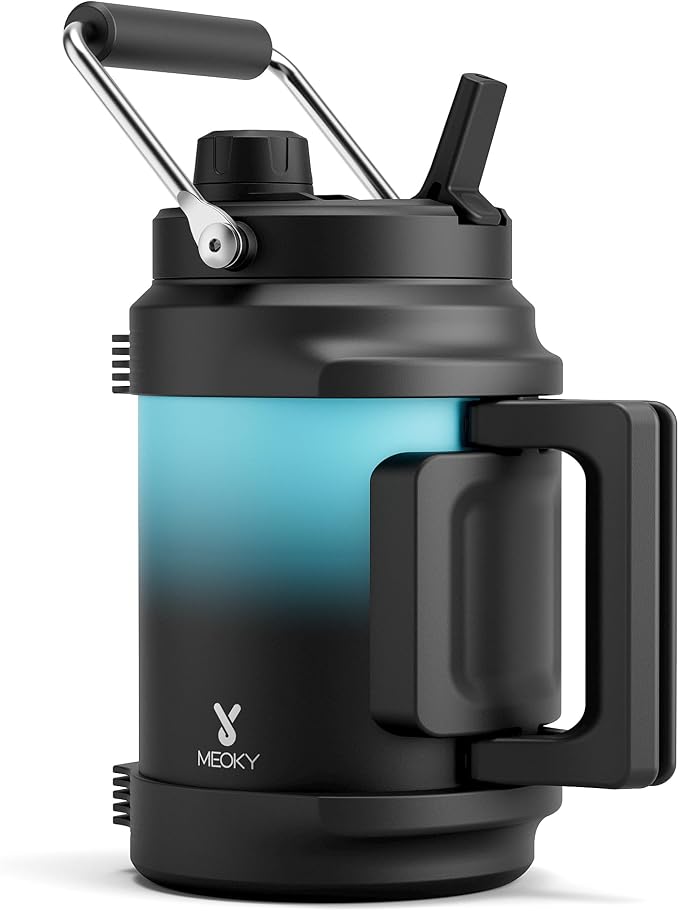 64 oz Insulated Water Bottle for Gym: Meoky Triple Wall Vacuum Stainless Steel Half Gallon Water Jug - Top and Side Handles, 2-in-1 Straw and Spout Lid, Cold for 36 Hrs, Leak Proof for Camping (Cyan)