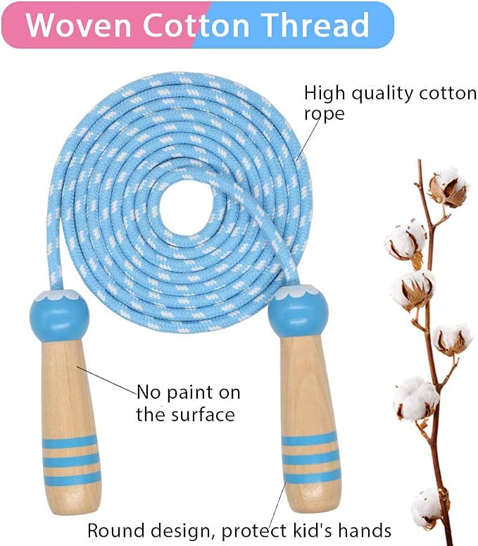 Jump Rope Kids, 7ft Adjustable Cotton Skipping Rope with Wooden Handle for Boys and Girls Fitness Outdoor Exercise