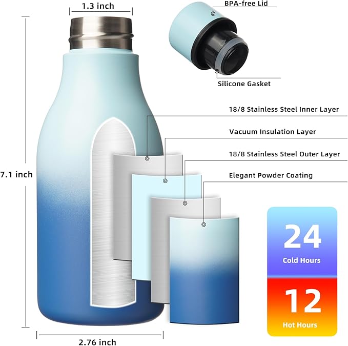 BJPKPK 12oz Insulated Water Bottle, Stainless Steel Bottle with Carry Strap | Keep Cold & Hot Vacuum Insulation, Leak-Proof BPA-Free Design, Slim Bottle Fits Most Cup Holders for Gym, Office & Travel