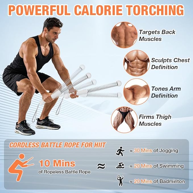 2PCS Ropeless Battle Ropes, Weighted Cordless Battle Ropes for Home Gym, Portable Silent Workout Rope Fitness Equipment for Full Body Toning, Low-Impact Workout, Strength & HIIT, Gray