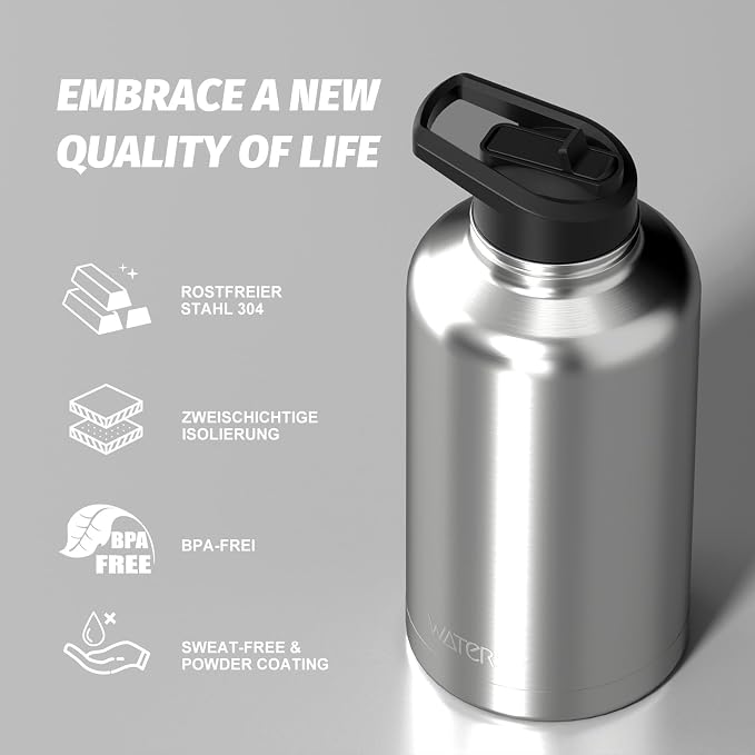 64oz Insulated Water Bottle (Cold for 48 Hrs),BPA Free&Leak Proof,Half Gallon Stainless Steel Water Flask,Water Jug with Straw Spout Lids for Gym,Hiking,Camping,Stainless