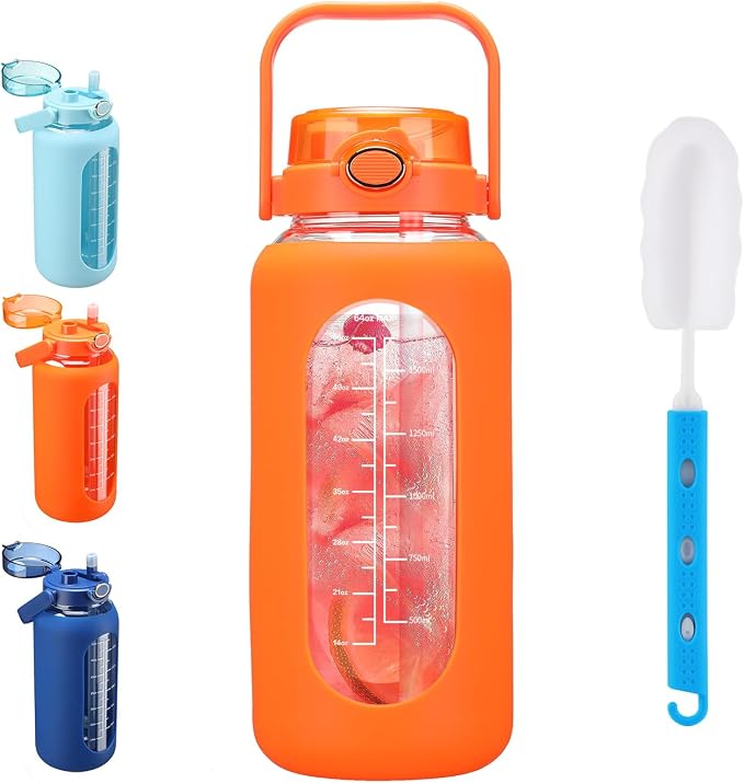 52 oz Glass Water Bottle with 2-in-1 Straw Lid Large Half Gallon Water Bottle with Time Marker & Removable Silicone Sleeve,Wide Mouth BPA-Free Borosilicate Bottle for Gym, Workout & Daily Use
