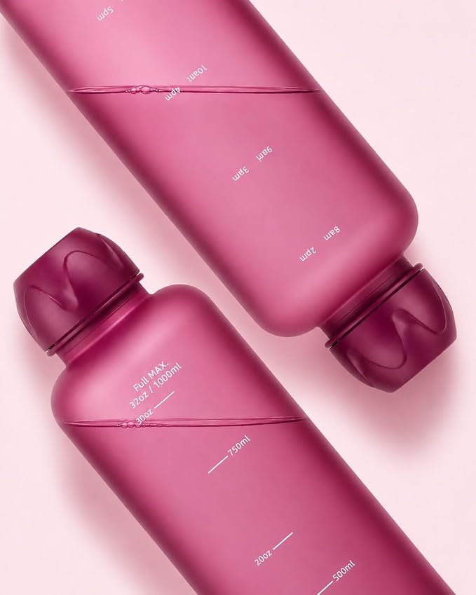 Slim Water Bottle 32 OZ with Stainless Steel Lid, Dishwasher Safe 1 Liter Plastic Water Bottle BPA-Free, Leakproof Lightweight with Time Marker, Reusable for Running School Sport Gym Travel Hiking