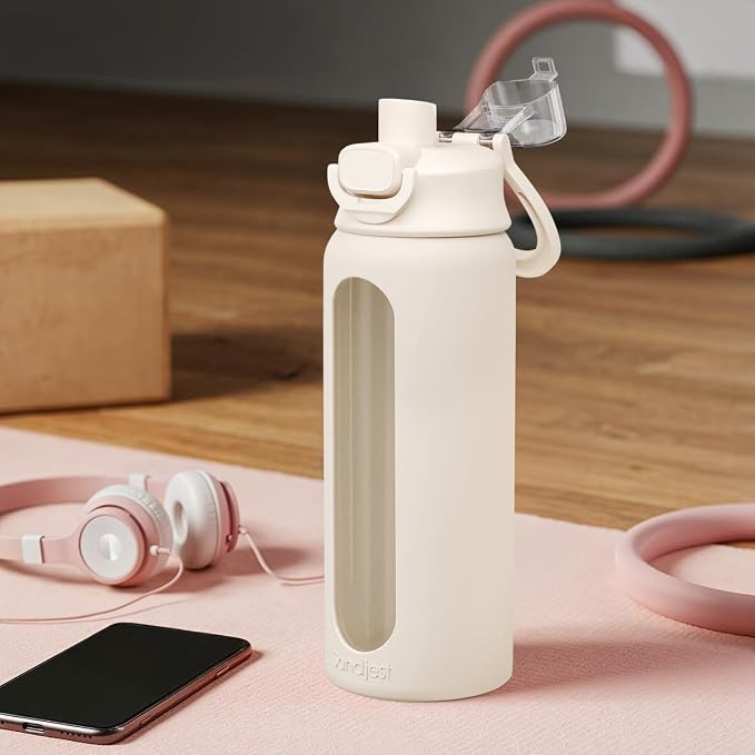 SANDJEST Glass Water Bottle with Silicone Sleeve 24oz with Lid, Motivational Time Marker, Drinking Hydration Glass Bottles for Men Women, Gym Travel Sports (Cream)