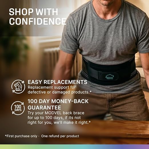 Modvel Back Brace for Lower Back Pain Women and Men – Lumbar Support Belt for Sciatica, Herniated Disc, Muscle Strain – Adjustable Breathable Work Brace with 6 Stays – Support for Posture
