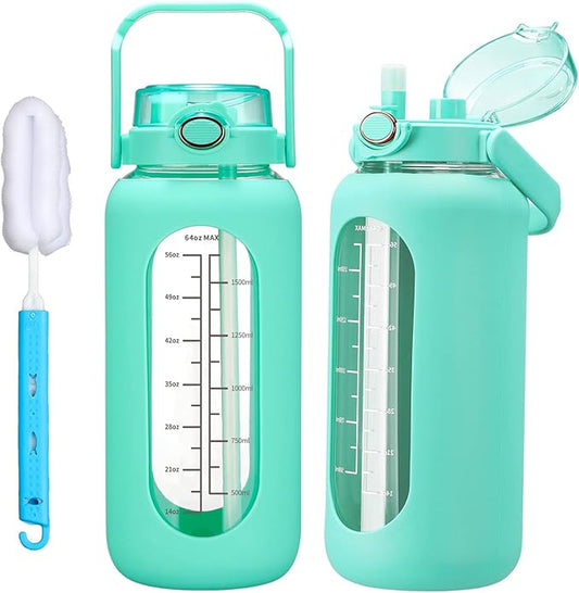 chunmo 42oz/52oz/64oz Glass Water Bolttles with Straw Half Gallon Large Motivational Water Bottle with Time Marker Sports Water Bottles with Silicone Sleeve and Handle Lid Water Jug for Gym Workout