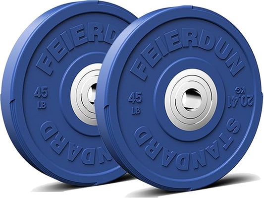 FEIERDUN Color Bumper Plate Set, 2-Inch Olympic Weight Plates, Low Bounce Rubber Barbell Plates with Stainless Steel Insert for Weightlifting, Strength Training, CrossFit & Home Gym, 10LB-370LB