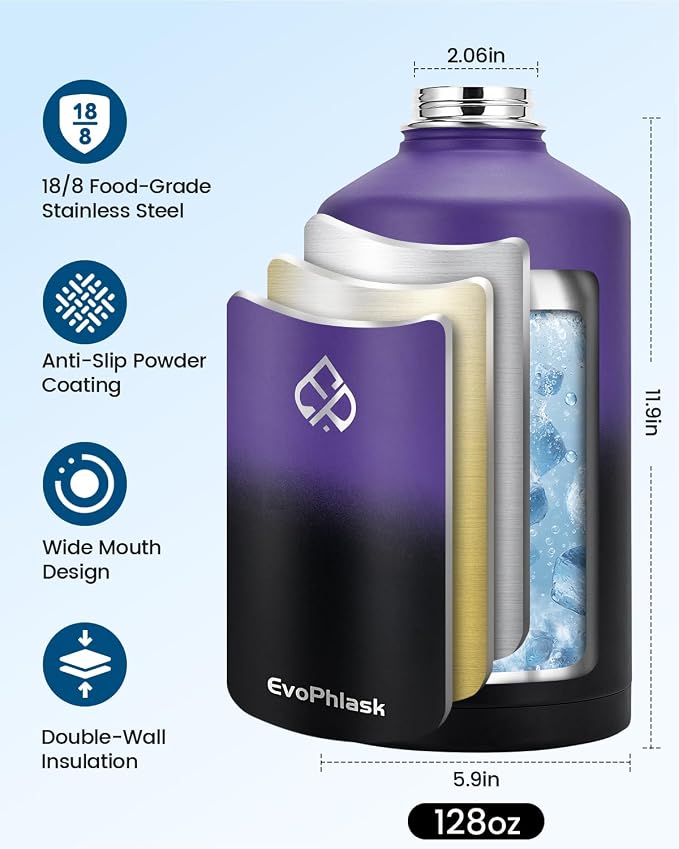 1 Gallon Water Bottle Insulated with Carrier Bag, Purple/Black | Stainless Steel, Vacuum Insulated Keep Cold 48 Hrs, 128 oz Large Gallon Water Jug, For Travel, Sport, Gym, Hiking
