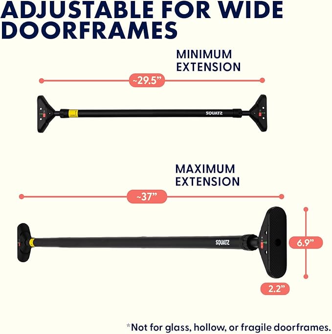 Squatz Doorway Pull Up Bar, Adjustable Door Frame Pull Up Bar with Level Meter, Locking Mechanism & Foam Grips, No Drill Chin Up Bar for Door Frame, Portable Design for Home Workouts
