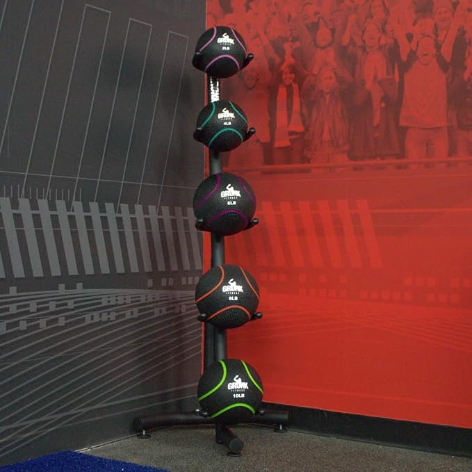 Gronk Fitness 5 Tier Medicine Ball Rack | Vertical Ball Storage Stand for Home & Commercial Gym. Heavy Duty Upright Organizer for Medicine Balls and Slam Balls.