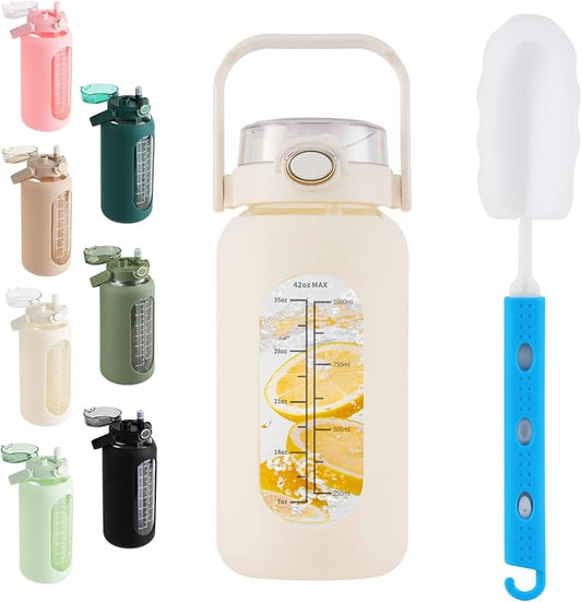 42 oz Glass Water Bottle with 2-in-1 Straw Lid Large Half Gallon Water Bottle with Time Marker & Removable Silicone Sleeve,Wide Mouth BPA-Free Borosilicate Bottle for Gym, Workout & Daily Use