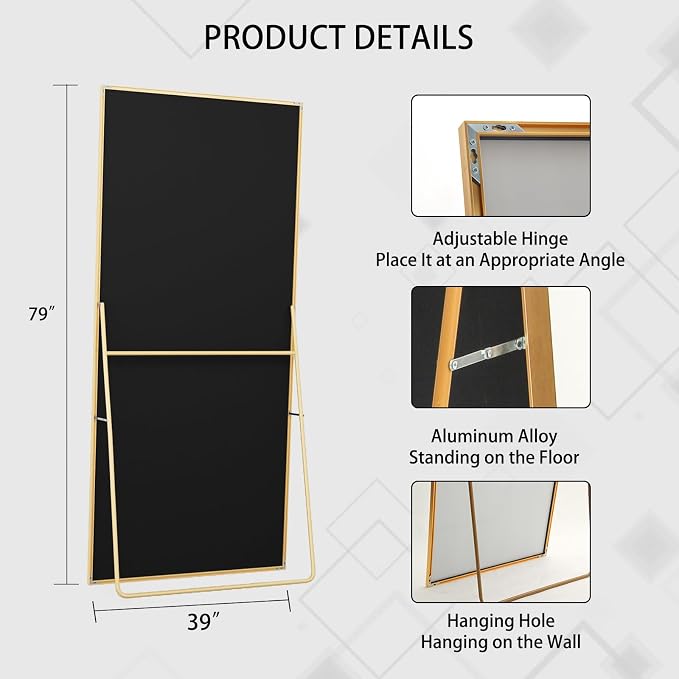 Beauty4U 79" x 39" Full Length Mirror with Stand, Gold Large Floor Mirror | Standing, Leaning, or Wall-Mounted Tempered Glass Full Body Mirror with Metal Frame for Bedroom, Closet, Modern Home Decor