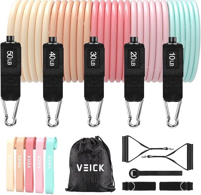 VEICK 10-150LBS Resistance Bands with Handles, Ankle Straps, Door Anchor | Accredited Lab Certified, 100% Natural Latex, Versatile for Yoga, Pilates, Strength, Home Gym