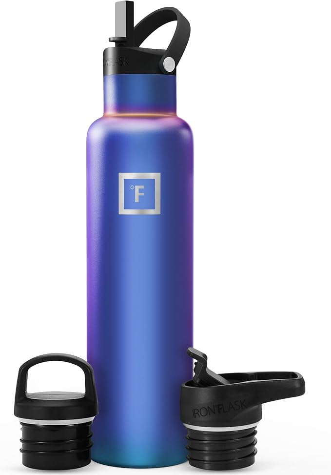 IRON °FLASK 24 oz Narrow Mouth Water Bottle with 3 Lids | Insulated Stainless Steel Sports Water Bottle with 3 Leakproof Lids - BPA Free, Cold 24 Hrs, Sweat Free (Aurora)