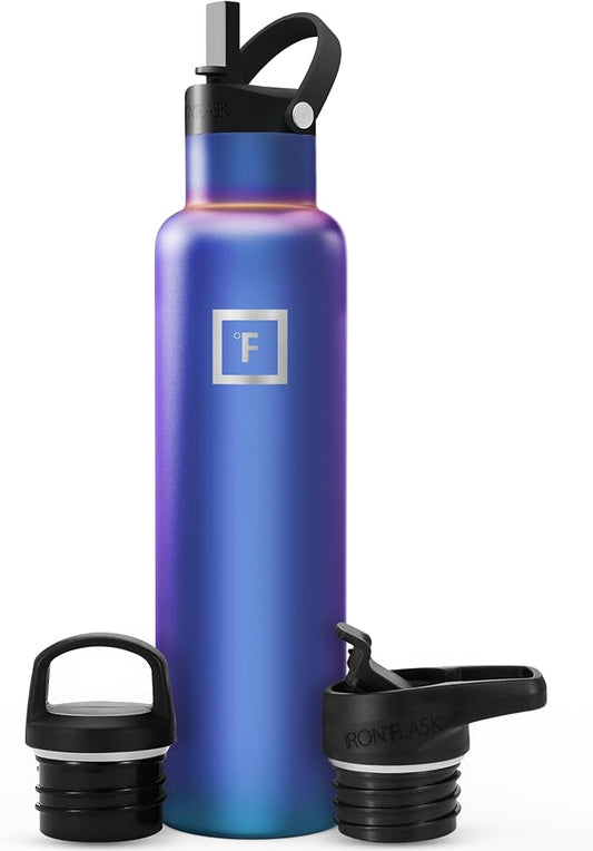 IRON °FLASK 24 oz Narrow Mouth Water Bottle with 3 Lids | Insulated Stainless Steel Sports Water Bottle with 3 Leakproof Lids - BPA Free, Cold 24 Hrs, Sweat Free (Aurora)