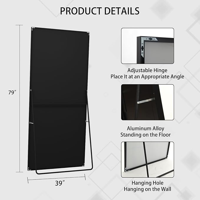 Beauty4U 79" x 39" Full Length Mirror with Stand, Black Large Floor Mirror | Standing, Leaning, or Wall-Mounted Tempered Glass Full Body Mirror with Metal Frame for Bedroom, Closet, Modern Home Decor