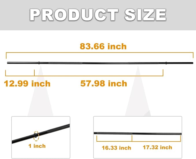 Available in 5FT and 7FT, Straight Barbell Bar, 1-Inch Standard Diameter, Alloy Steel, Black Finish, 300LBS Weight Capacity, Chrome Surface, Diamond Knurling, Anti-Skid Grip,