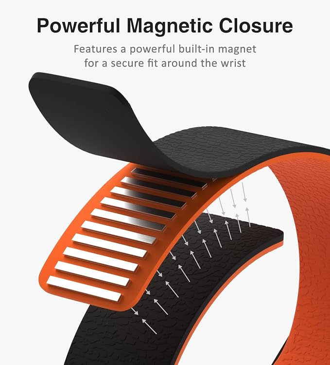 Magnetic Silicone Band Compatible with Apple Watch Band 42mm 41mm 40mm 38mm Series 11 10 9 8 7 6 5 4 3 & SE 3/2/1 Strong Magnetic Clasp, Waterproof & Adjustable (Black + Orange)