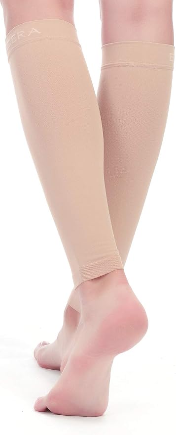 BSERA Calf Compression Sleeve Women, 2 Pairs 15-20mmHg Calf Support Footless Compression Socks Stockings for Shin Splints, Varicose Veins, Recovery (Nude/Skin, Large)