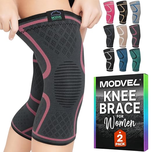 Modvel 2 Pack Knee Brace for Women - Knee Support for Walking, Knee Compression Sleeves for Pain Relief, Knee Sleeves for Women, Knee Brace for Sports, Workouts & Arthritis