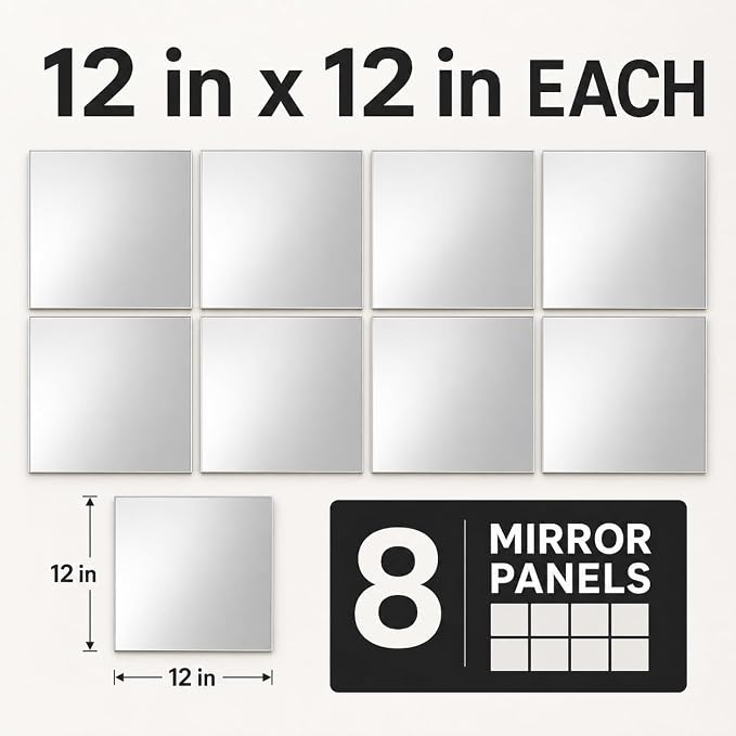 Home Gym Mirror Tiles for Wall,12" x 12" Frameless Glass Mirror Wall Mounted for Home Gym Mirror Yoga Bedroom Dancing Studio Dressing Room (8PCS)