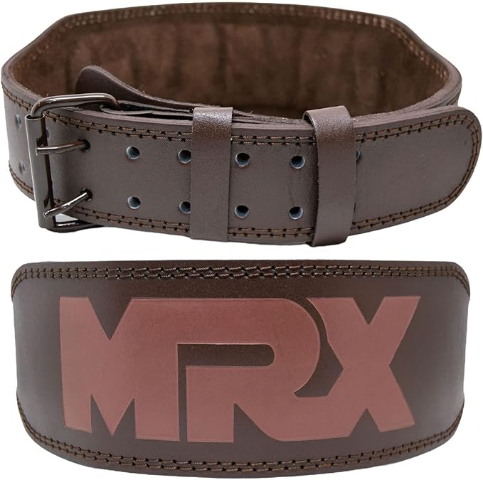 MRX Weight Lifting Belt Genuine Leather - 4 Inches Wide 8mm Thick Padded Lumbar Back Support Double Prong Powerlifting Belts Heavy Duty Deadlifts Workout Squats & Exercise Belt for Men & Women