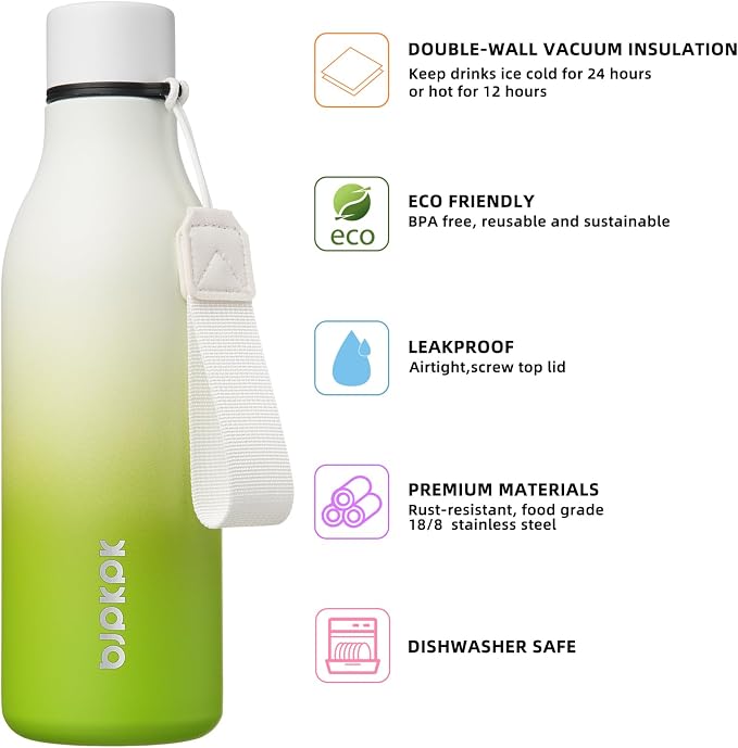 BJPKPK 18oz Insulated Water Bottle, Stainless Steel Bottle with Carry Strap | Keep Cold & Hot Vacuum Insulation, Leak-Proof BPA-Free Design, Slim Bottle Fits Most Cup Holders for Gym, Office & Travel