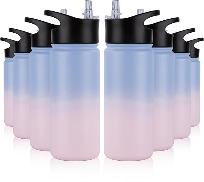 16 oz Insulated Water Bottle Bulk 8 Pack, Straw & Spout Lid, Keep Cold 24H, Spill Proof, BPA-Free, Double Wall, Stainless Steel Kids Water Bottles for School, Sports, Pink Blue Gradient