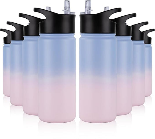 16 oz Insulated Water Bottle Bulk 8 Pack, Straw & Spout Lid, Keep Cold 24H, Spill Proof, BPA-Free, Double Wall, Stainless Steel Kids Water Bottles for School, Sports, Pink Blue Gradient