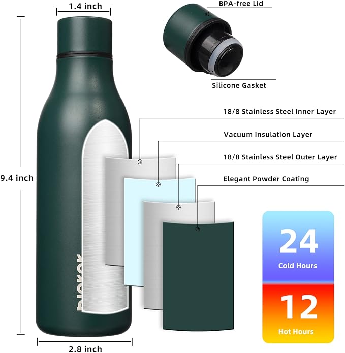 BJPKPK 18oz Insulated Water Bottle, Stainless Steel Bottle with Carry Strap | Keep Cold & Hot Vacuum Insulation, Leak-Proof BPA-Free Design, Slim Bottle Fits Most Cup Holders for Gym, Office & Travel