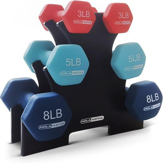 HolaHatha 1, 2 and 3 lb Neoprene Dumbbell Strength Training Weight Set with Rack