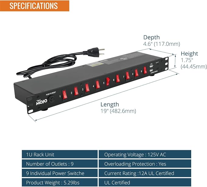 Tecmojo 9-Outlet Rack Mount PDU,1U Horizontal PDU Individual Switch 6ft Cord, with 2USB and 2 Type-C,for IT and Network Racks and Cabinets