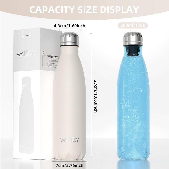WATERSY Stainless Steel water bottles,17oz/500ml Insulated Water Bottle | Ivory Beige metal water bottle Keeps Drink Cold and Hot,BPA Free kids water bottles for School,Gym,Travel,Sports