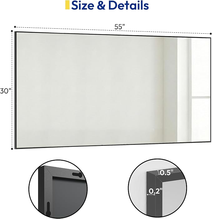 30" x 55" Matte Black Wall Mirror for Bathroom, 55" x 30" Full Length Body Mirror, Metal Framed Vertical/Horizontal Decor for Bedroom & Vanity
