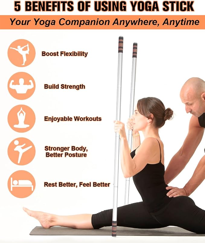 Queension 5ft Yoga Stick Adjustable Stretching Bar for Mobility & Balance | Heavy-Duty Steel Multi-Functional Fitness Pole with 4 Steel Rods & Comfort Foam Grips