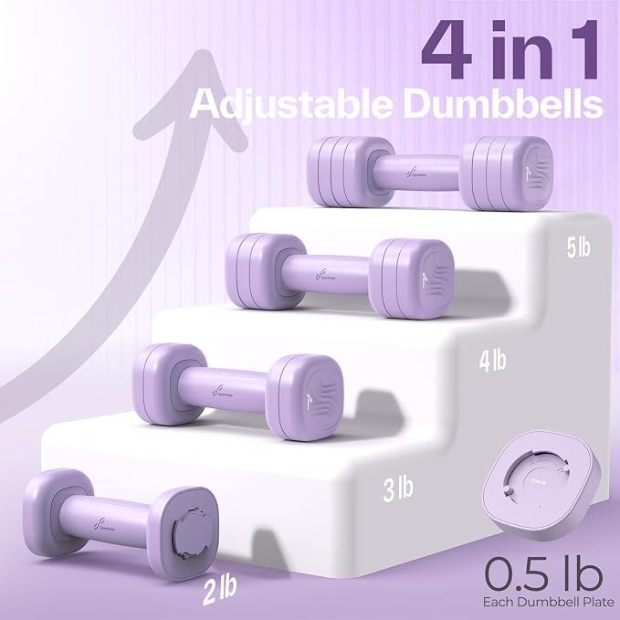 Adjustable Dumbbell Set of 2: Sportneer 4 in 1 Free Weights Dumbbells Set for Women, Hand Weights for Women at Home, Available in 5 lb × 2 and 10 lb × 2 Sets with Soft Rubber Handle for Home Gym Exercise Training