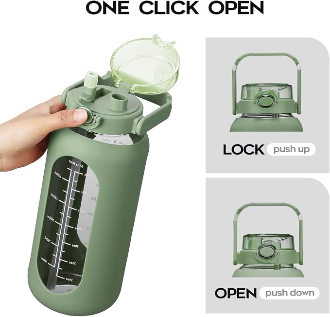 chunmo 74 oz Glass Water Bolttles with Straw Large Motivational Water Bottle with Time Marker Sports Water Bottles with Silicone Sleeve and Handle Lid 2.2L Water Jug for Gym Workout
